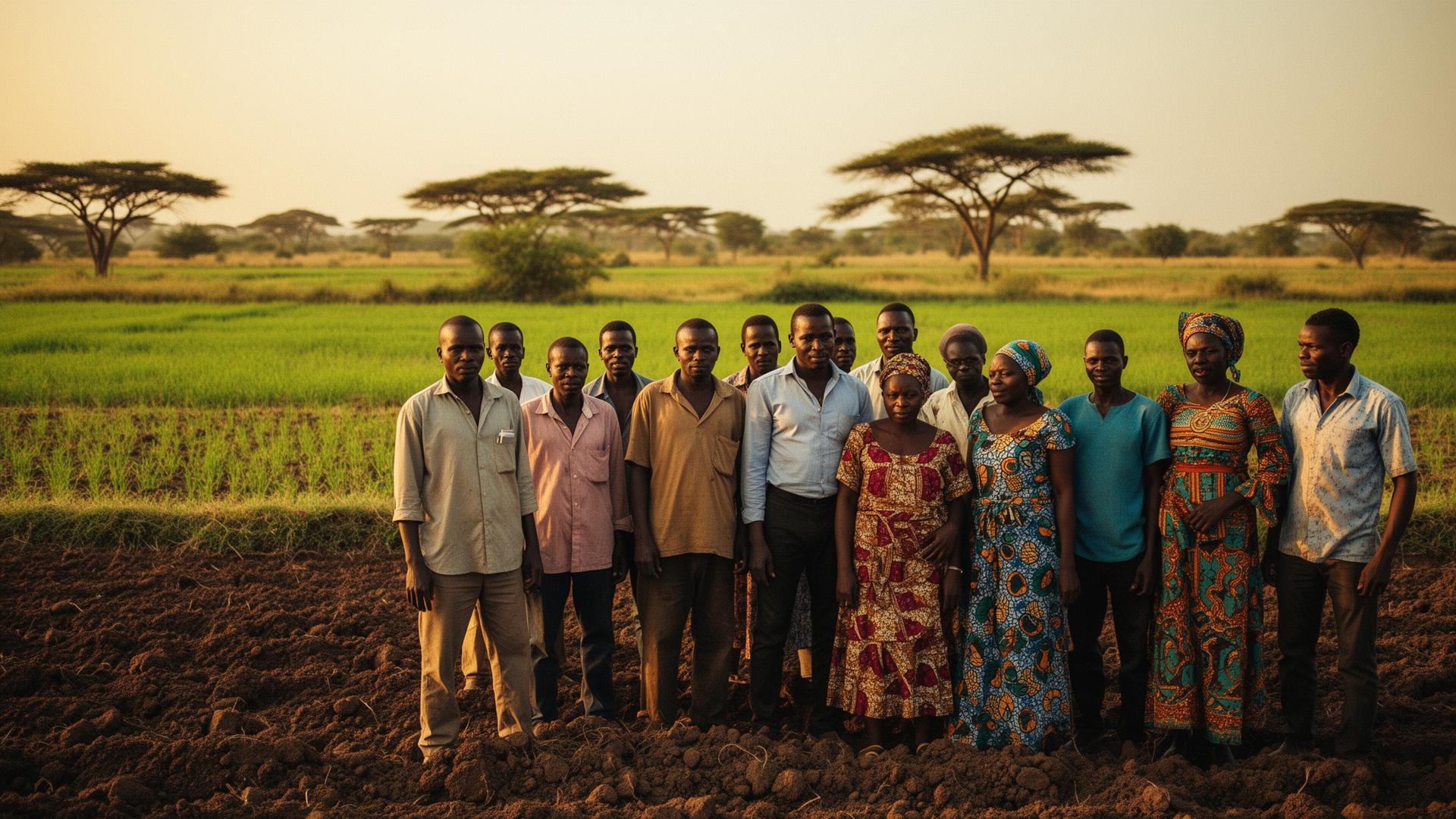 Nigerian smallholder farmers at the edge of a tilled field at golden hour