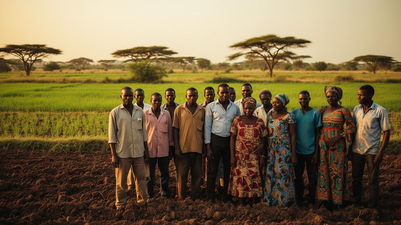 Nigerian smallholder farmers at the edge of a tilled field at golden hour