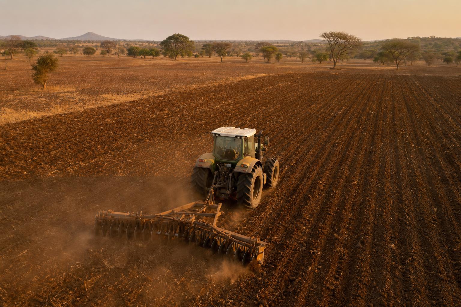 Tractor with disc harrow preparing farmland in Nigeria at golden hour