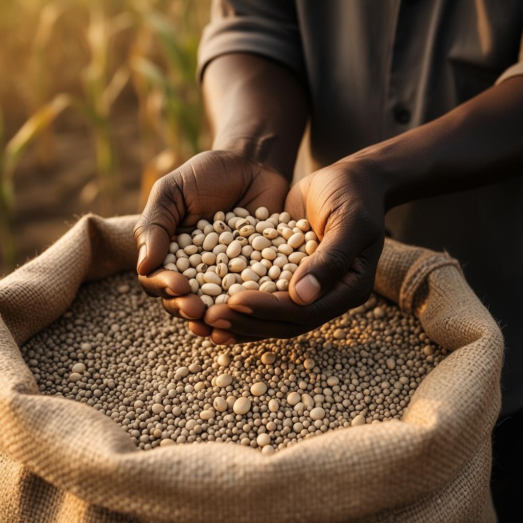 Farmer hands holding soybean seeds over fertilizer
