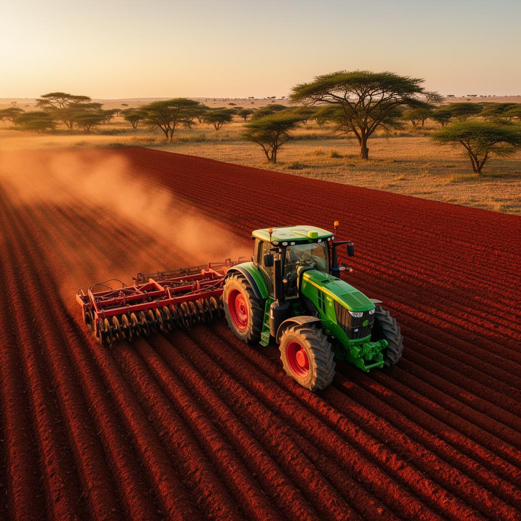 Aerial view of tractor tilling Nigerian farmland
