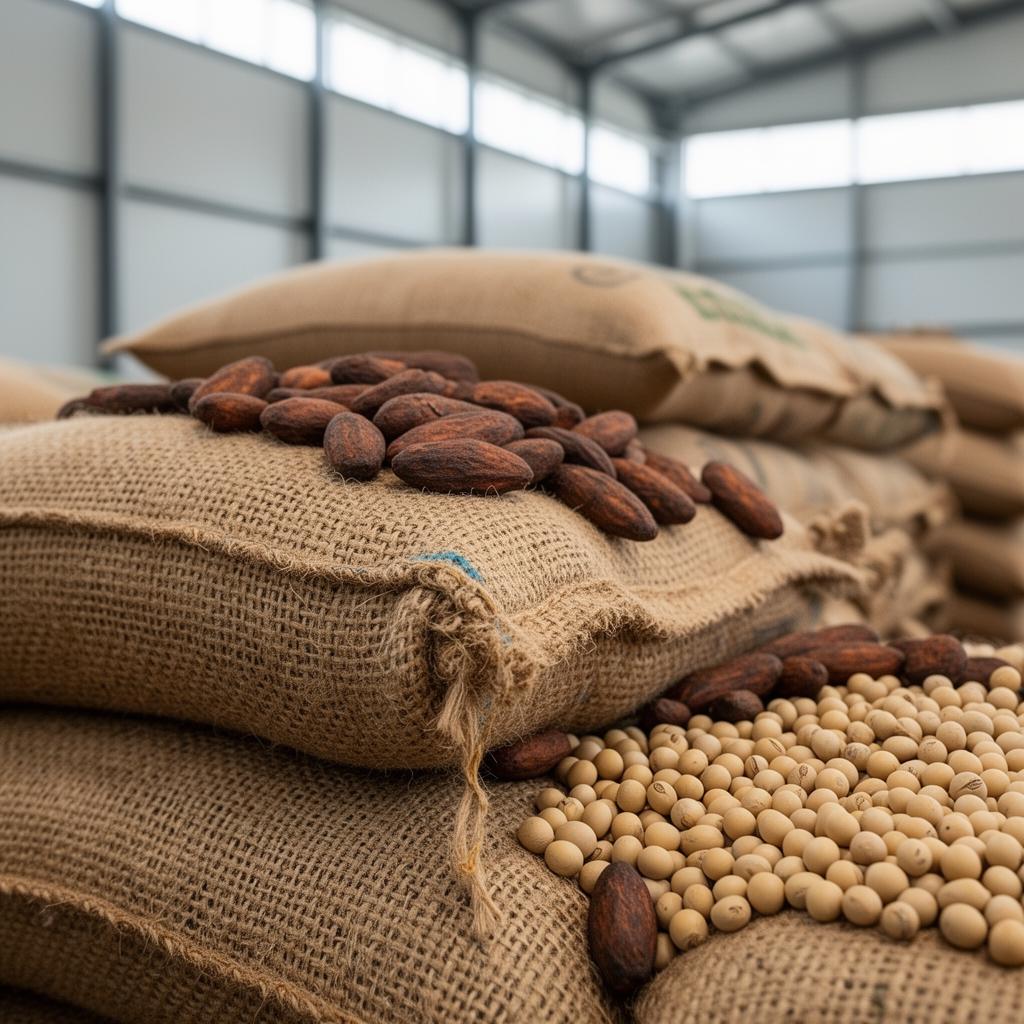 Jute sacks of cocoa beans and soybeans in warehouse